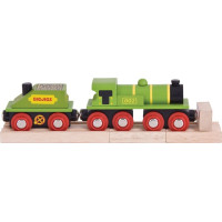 Bigjigs Rail Zelená lokomotíva s tendrem + 3 koľaje