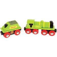 Bigjigs Rail Zelená lokomotíva s tendrem + 3 koľaje
