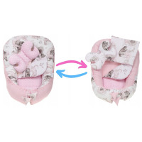 Obojstranné hniezdočko (kokon) pre bábätko - BABYMAM PREMIUM set 7v1 - Medvieďatá so svetlo ružovou minkou