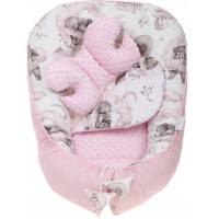 Obojstranné hniezdočko (kokon) pre bábätko - BABYMAM PREMIUM set 7v1 - Medvieďatá so svetlo ružovou minkou