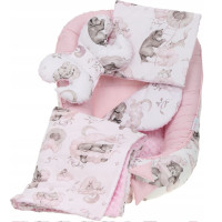 Obojstranné hniezdočko (kokon) pre bábätko - BABYMAM PREMIUM set 7v1 - Medvieďatá so svetlo ružovou minkou