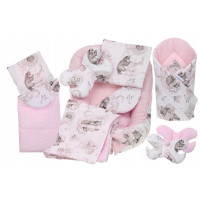 Obojstranné hniezdočko (kokon) pre bábätko - BABYMAM PREMIUM set 7v1 - Medvieďatá so svetlo ružovou minkou