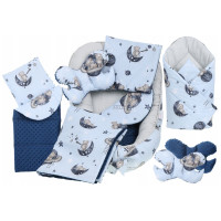 Obojstranné hniezdočko (kokon) pre bábätko - BABYMAM PREMIUM set 7v1 - Medvedíci vo vesmíre s tmavomodrou minkami