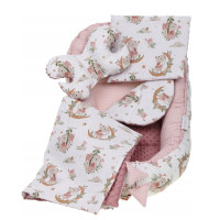 Obojstranné hniezdočko (kokon) pre bábätko - BABYMAM PREMIUM set 7v1 - V ríši snov so staroružovou minkou
