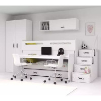 Detská vyvýšená poschodová posteľ s písacím stolom a prístelkou MAXÍK 1 200x80 cm - biela + matrac ZADARMO
