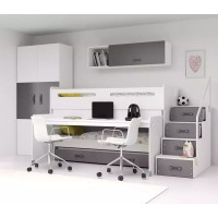 Detská vyvýšená poschodová posteľ s písacím stolom a prístelkou MAXÍK 1 200x80 cm - grafitový + matrac ZADARMO