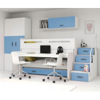 Detská vyvýšená poschodová posteľ s písacím stolom a prístelkou MAXÍK 1 200x80 cm - modrá + matrac ZADARMO
