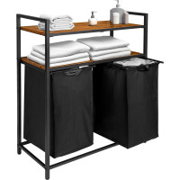 Dvojkomorový kôš na bielizeň s policami MIRUN 80L - čierny/starený dub