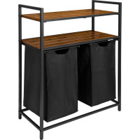 Dvojkomorový kôš na bielizeň s policami MIRUN 80L - čierny/starený dub