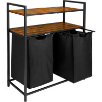 Dvojkomorový kôš na bielizeň s policami MIRUN 80L - čierny/starený dub