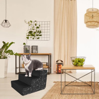 Schodíky pre psa 42 cm - čierne/vzor kocky a labky