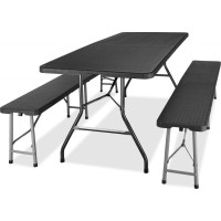 Set cateringového nábytku RATTAN - stôl 180 cm + 2 lavice - čierny