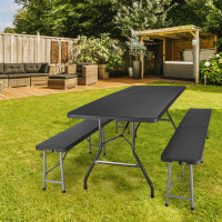Set cateringového nábytku RATTAN - stôl 180 cm + 2 lavice - čierny
