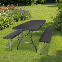 Set cateringového nábytku RATTAN - stôl 180 cm + 2 lavice - čierny