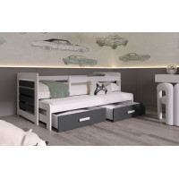 Detská posteľ z masívu borovice FODEN II s prístelkou a šuplíky - 200x90 cm - biela/antracit