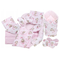 Obojstranné hniezdočko (kokon) pre bábätko - BABYMAM PREMIUM set 7v1 - Ružová žirafa so svetloružovou minkou