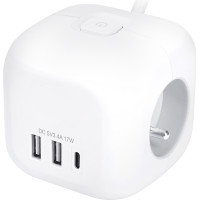 Solight 3z + USB A+C predlžovací prívod - kocka, kábel 2m, 3 x 1mm2, biely, vypínač
