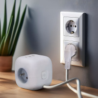 Solight 3z + USB A+C predlžovací prívod - kocka, kábel 2m, 3 x 1mm2, biely, vypínač