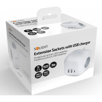 Solight 3z + USB A+C predlžovací prívod - kocka, kábel 2m, 3 x 1mm2, biely, vypínač