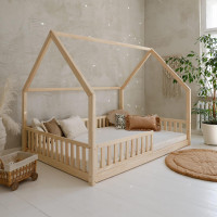 Detská domčeková Montessori posteľ z masívu borovice BIANCO - 200x140 cm