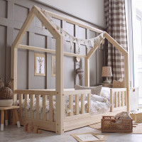 Detská domčeková Montessori posteľ z masívu borovice BIANCO DUO - 200x90 cm