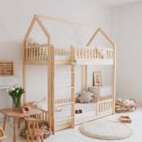 Detská poschodová domčeková posteľ z masívu borovice BIANCO s Montessori lôžkom - 200x90 cm - bez povrchových úprav