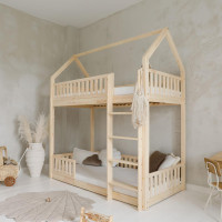 Detská poschodová domčeková posteľ z masívu borovice BIANCO s Montessori lôžkom - 200x90 cm - bez povrchových úprav