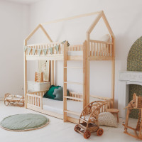 Detská poschodová domčeková posteľ z masívu borovice BIANCO s Montessori lôžkom - 200x90 cm - bez povrchových úprav
