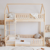 Detská poschodová domčeková posteľ z masívu borovice BIANCO s Montessori lôžkom - 200x90 cm - bez povrchových úprav
