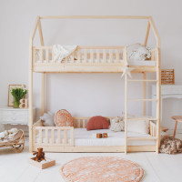 Detská poschodová domčeková posteľ z masívu borovice BIANCO s Montessori lôžkom - 200x90 cm - bez povrchových úprav