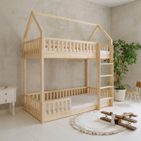 Detská poschodová domčeková posteľ z masívu borovice BIANCO s Montessori lôžkom - 200x90 cm - bez povrchových úprav