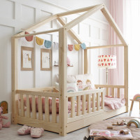 Detská domčeková Montessori posteľ z masívu borovice Bedhouse FENCE - 200x90 cm