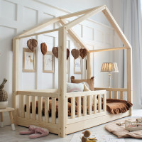 Detská domčeková Montessori posteľ z masívu borovice Bedhouse FENCE - 160x80 cm