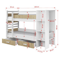 Detská poschodová posteľ z masívu borovice GASPAR so šuplíkmi a regálom - 200x90 cm - biela [CLONE]