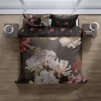 Saténové obliečky NOBILE Peonies - tmavo hnedé - 160x200 cm