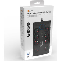 Solight prepäťová ochrana, 8z, USB A + CA, 2m, čierna