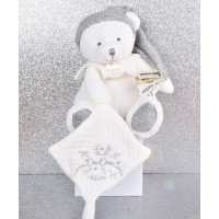 Doudou Darčeková sada Plyšový medvedík s úchytom na cumlík a dečkou šedý 20 cm