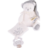 Doudou Darčeková sada Plyšový medvedík s úchytom na cumlík a dečkou šedý 20 cm
