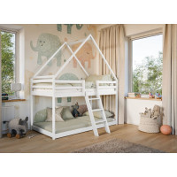 Detská poschodová domčeková posteľ s Montessori lôžkom z masívu borovice SVEN - 200x90 cm - BIELA