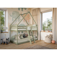 Detská poschodová domčeková posteľ s Montessori lôžkom z masívu borovice SVEN - 200x90 cm - OLIVOVO ZELENÁ