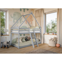Detská poschodová domčeková posteľ s Montessori lôžkom z masívu borovice SVEN - 180x80 cm - ŠEDÁ