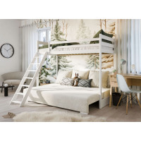Vyvýšená posteľ z masívu borovice s rozkladacou pohovkou SOFIE - 200x90/140 cm - biela/béžová