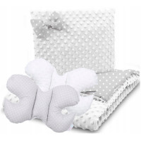 Detská deka do kočíka s vankúšikom a motýlikom - BABYMAM PREMIUM set 3v1 - Biele bodky na šedej s bielou minky