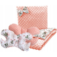 Detská deka do kočíka s vankúšikom a motýlikom - BABYMAM PREMIUM set 3v1 - Romantické kvety s marhuľovou minkou