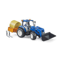 Bruder Traktor New Holland T5.120 s čelným nakladačom, korbou, vidlami a okrúhlym balíkom
