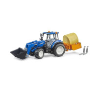 Bruder Traktor New Holland T5.120 s čelným nakladačom, korbou, vidlami a okrúhlym balíkom