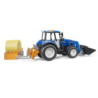 Bruder Traktor New Holland T5.120 s čelným nakladačom, korbou, vidlami a okrúhlym balíkom