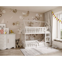 Detská poschodová domčeková posteľ z masívu borovice MINI s Montessori lôžkom - 160x80 cm - biela