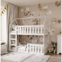 Detská poschodová domčeková posteľ z masívu borovice MINI s Montessori lôžkom - 160x80 cm - biela