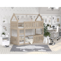 Detská poschodová domčeková posteľ z masívu borovice MINI s Montessori lôžkom - 190x80 cm - prírodná borovica